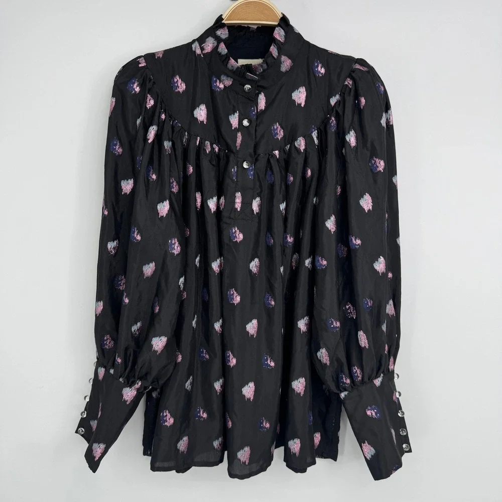 Tuckernuck Corrigan Blouse XXXL Black Pink Blurred Dot Fil Coupe Puff Sleeve